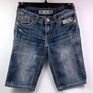 YMI Jeans Women's Blue Denim Capri Shorts Embellished Pockets Size 7